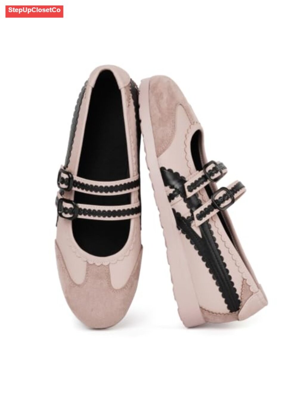 Women's Mary Jane Sneakers Ballet Flats Scalloped Trim Adjustable Strap Casual